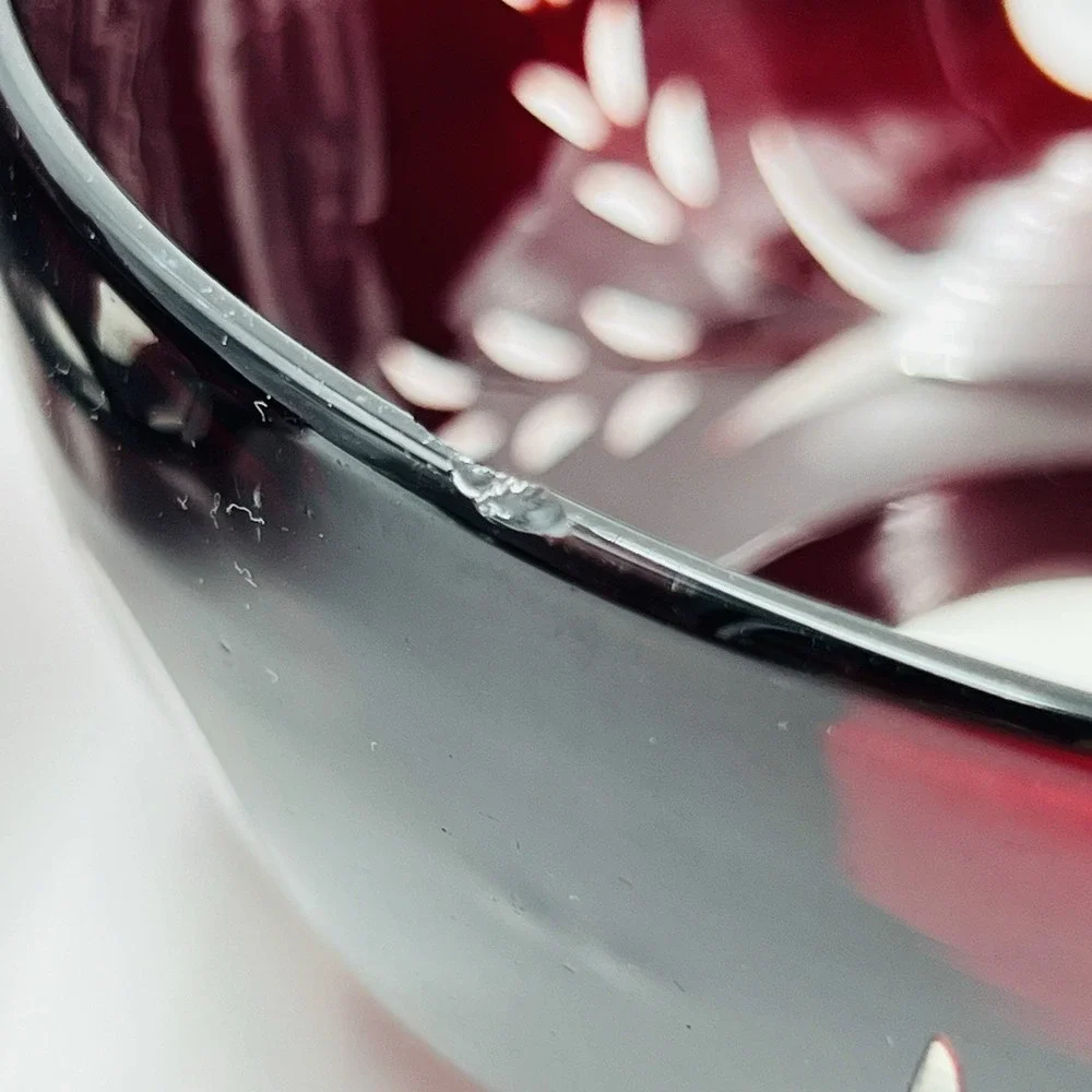 Set of‎ 7 Hand Blown Bohemian Ruby Cut to Clear Glass Bowls Floral Wheat Bubbles